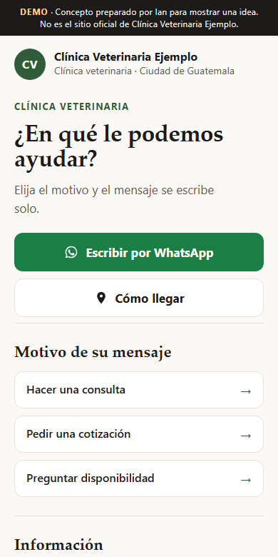 Ejemplo de página móvil con botón de WhatsApp y motivos de consulta